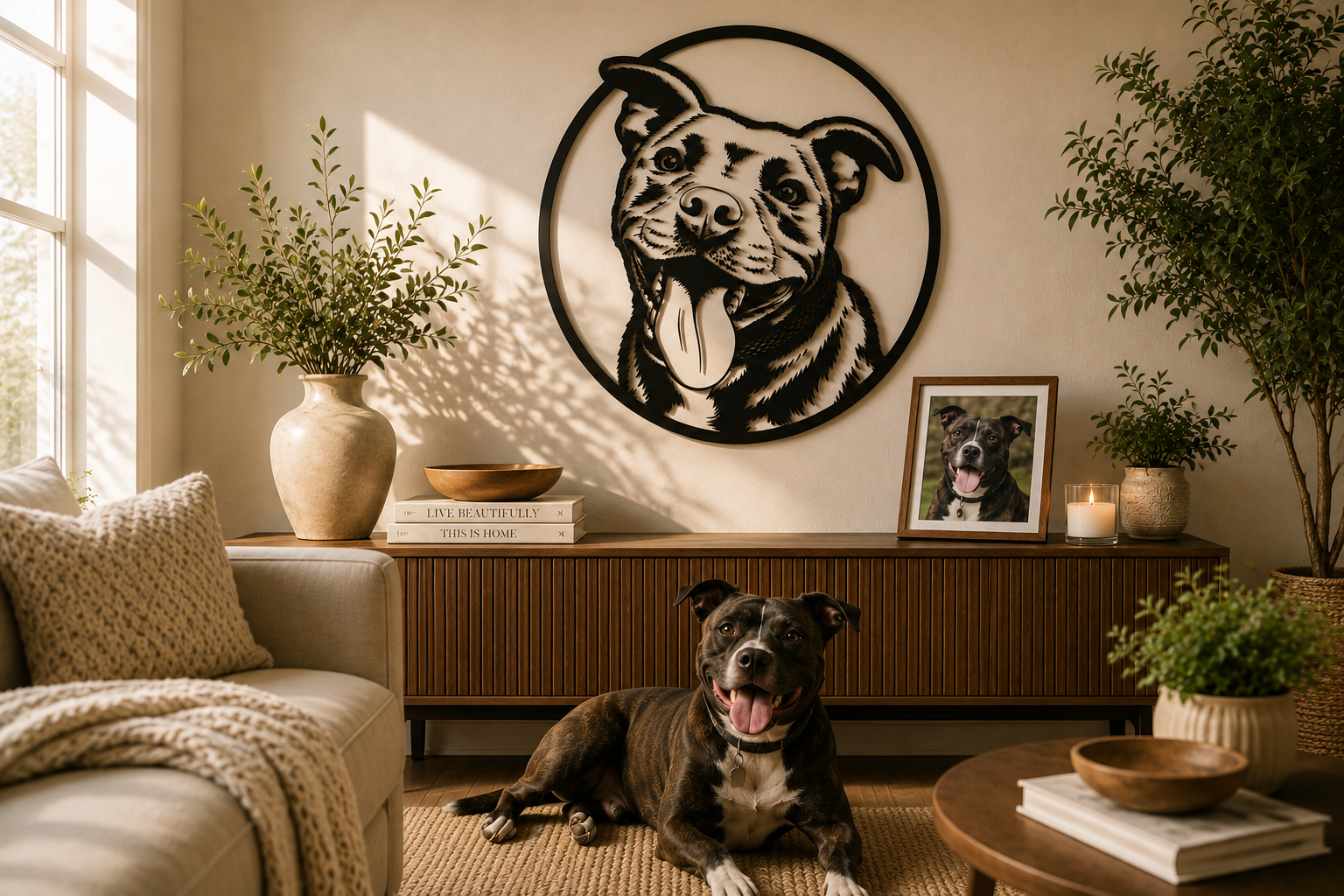 Custom pet portrait displayed in a home